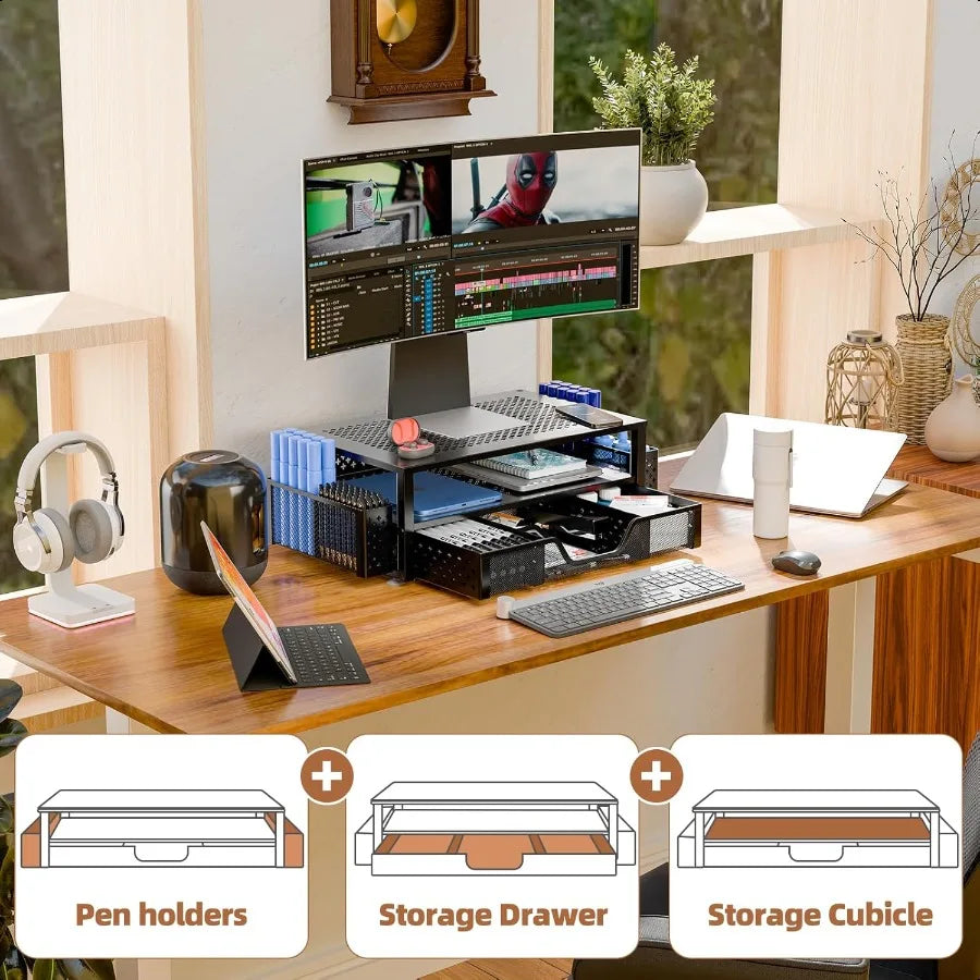 Simple Trending 2-Tier Metal Monitor Stand – Desktop Riser & Desk Organizer with Drawer and Pen Holder for Laptop & Computer