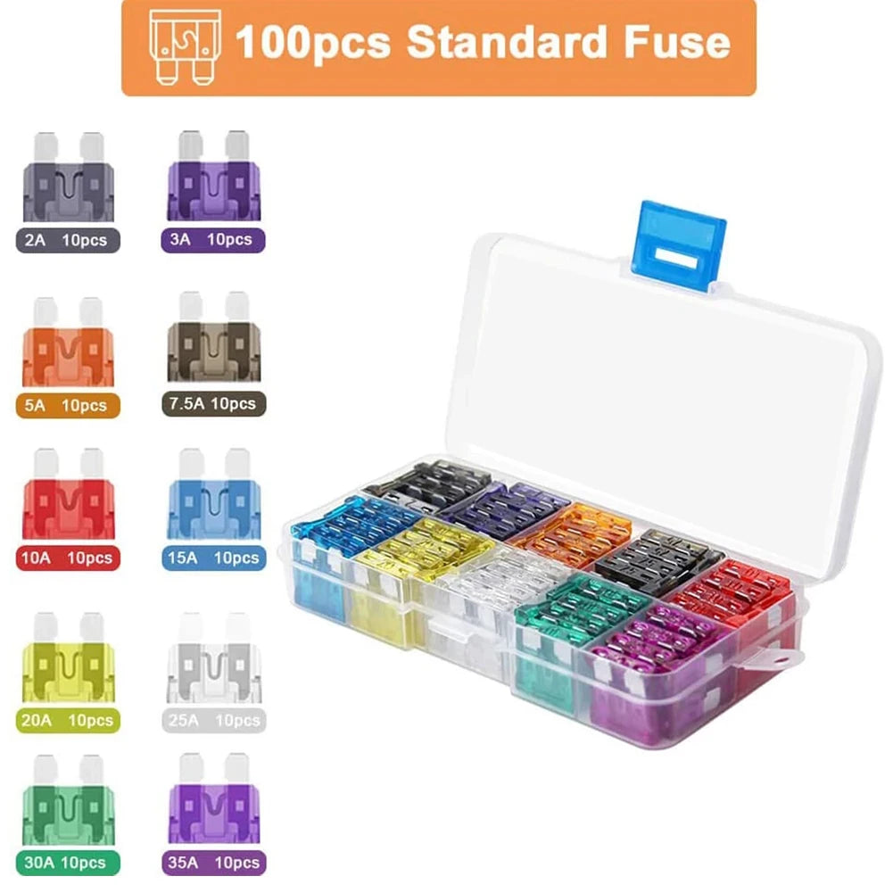 10-Type Auto Blade Fuse Kit – 100pcs (2A 3A 5A 7.5A 10A 15A 20A 25A 30A 35A) with Box Organizer