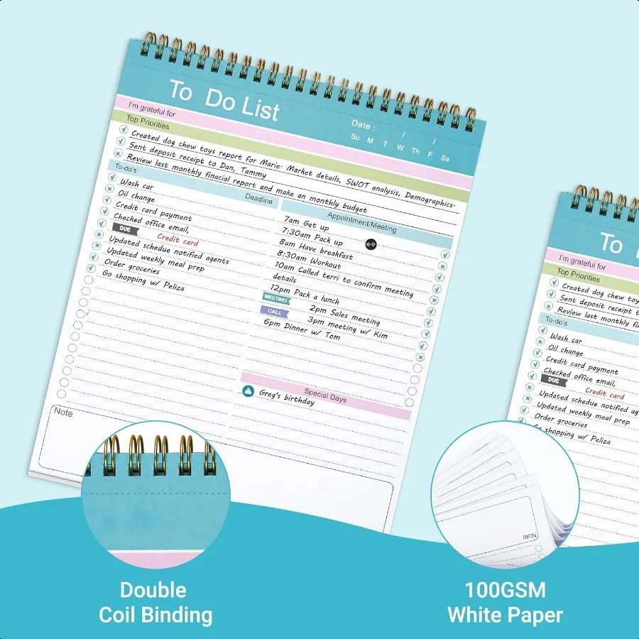 Spiral Bound To-Do List Notepad – 52 Undated Daily Planning Sheets 📋🖊️