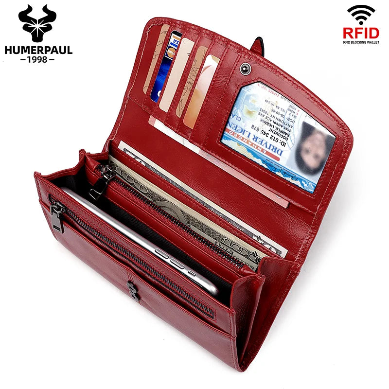 Women’s Genuine Leather Long Wallet – Luxury Clutch Purse with Phone Pocket, Card Holder & Casual Handbag Style