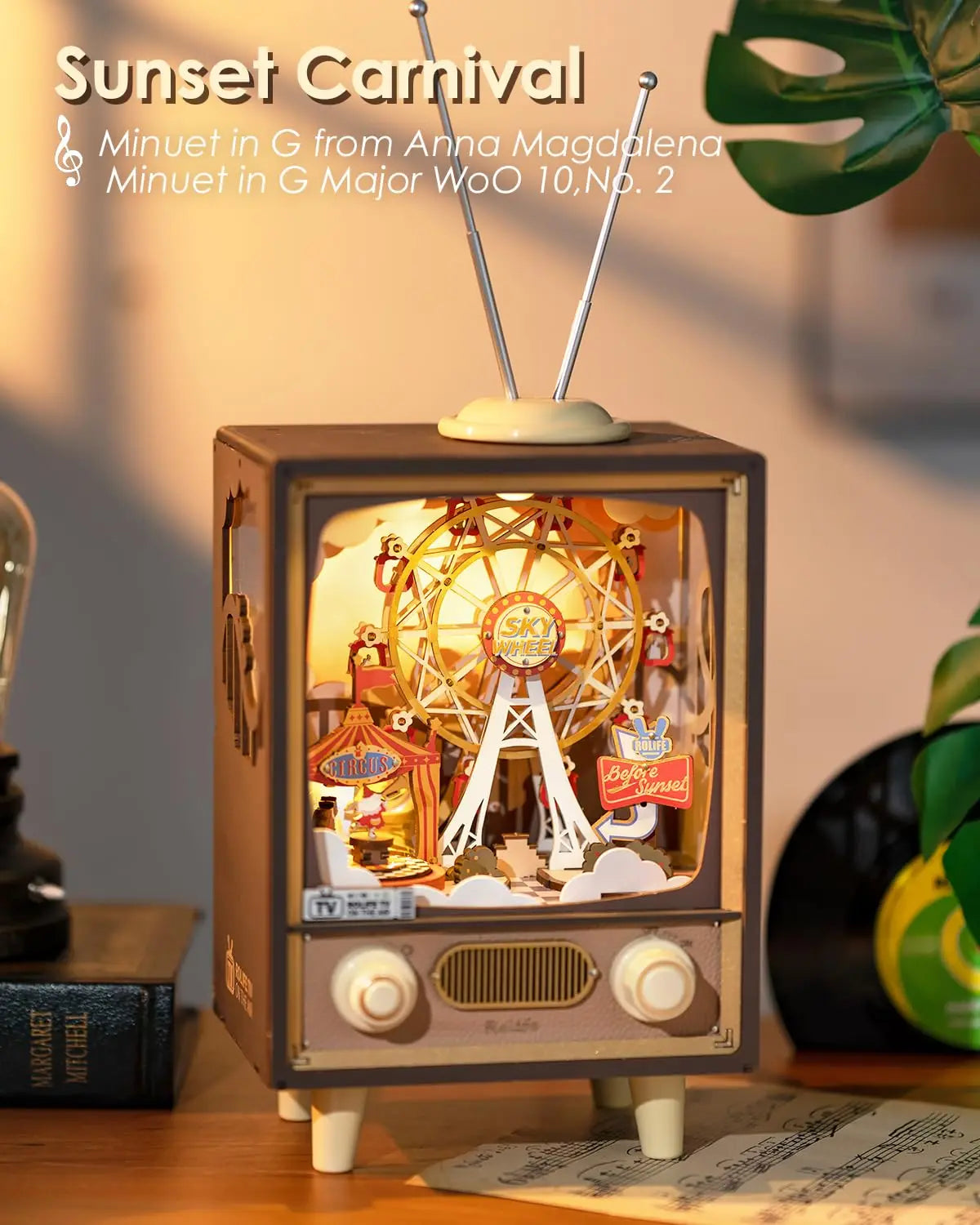 “Robotime Rolife Sunset Carnival Music Box – 3D Wooden Puzzle Ferris Wheel with Lights, DIY Home Decoration & Gift”