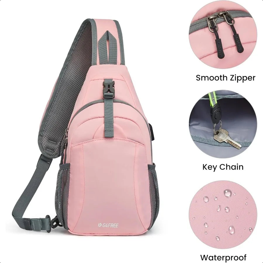 RFID-Protected Sling Bag – USB Charging Crossbody Backpack for Travel & Hiking | Lightweight Chest Daypack for Women & Men (Pink)