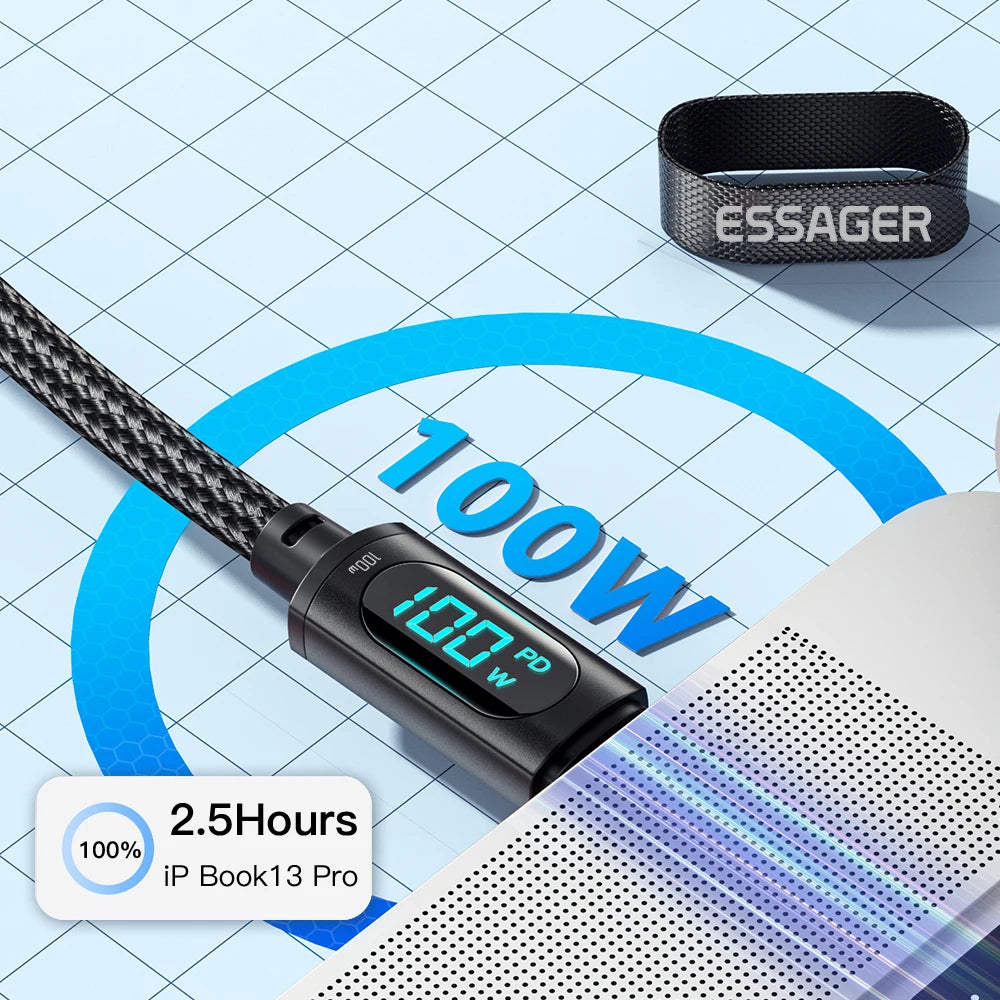 Essager LED USB-C to USB-C Cable – 100W PD & QC3.0 Fast Charging Display Cable for MacBook, Xiaomi, Samsung & Laptops