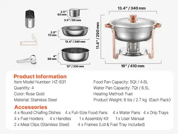 Vevor 4-Pack Chafing Dish Buffet Set – Stainless Steel Chafer with 4 Full-Size Pans, Round Catering Warmers for Parties & Banquets