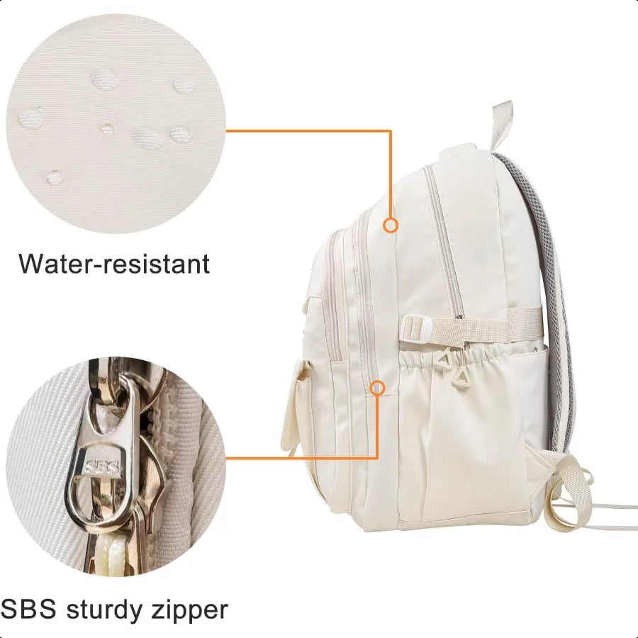 Aesthetic School Backpack for Teens & College – Beige Laptop Bookbag for Girls & Boys