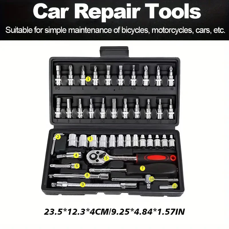 46-Piece Car Repair Tool Kit – Ratchet, Torque Wrench & Socket Set for Auto & Bike Maintenance 🔧