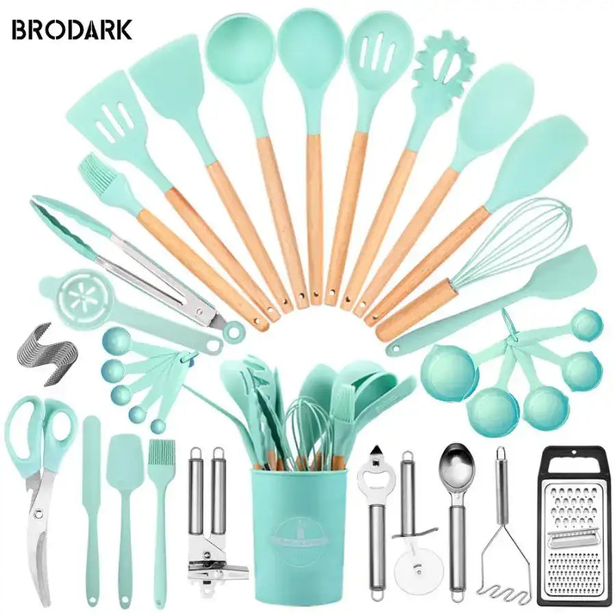 44pcs Silicone Kitchen Utensil Set with Wooden Handles – Heat Resistant