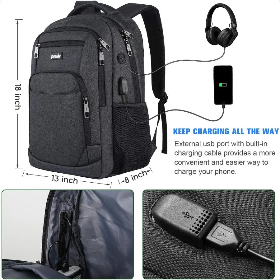 PAUDE 15.6" Laptop Backpack – School & College Bookbag for Men & Women | USB Charging Student Travel Daypack