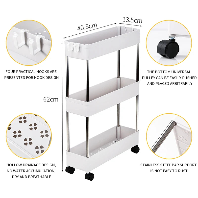 3-Layer Ultra-Thin Mobile Slim Storage Cart – Plastic & Stainless Steel, Suitable for Kitchen, Bathroom & Laundry