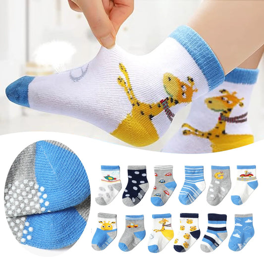 12-Pack Non-Slip Kids’ Socks with Grips – Cotton Crew Socks for Toddlers & Baby Boys/Girls, Ages 3–5 Years