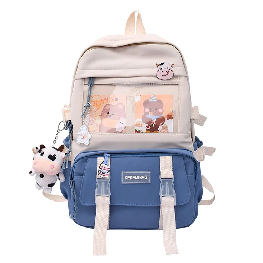Preppy Style Contrast Color Canvas Backpack for Women – Student Knapsack with Decorative Pendant