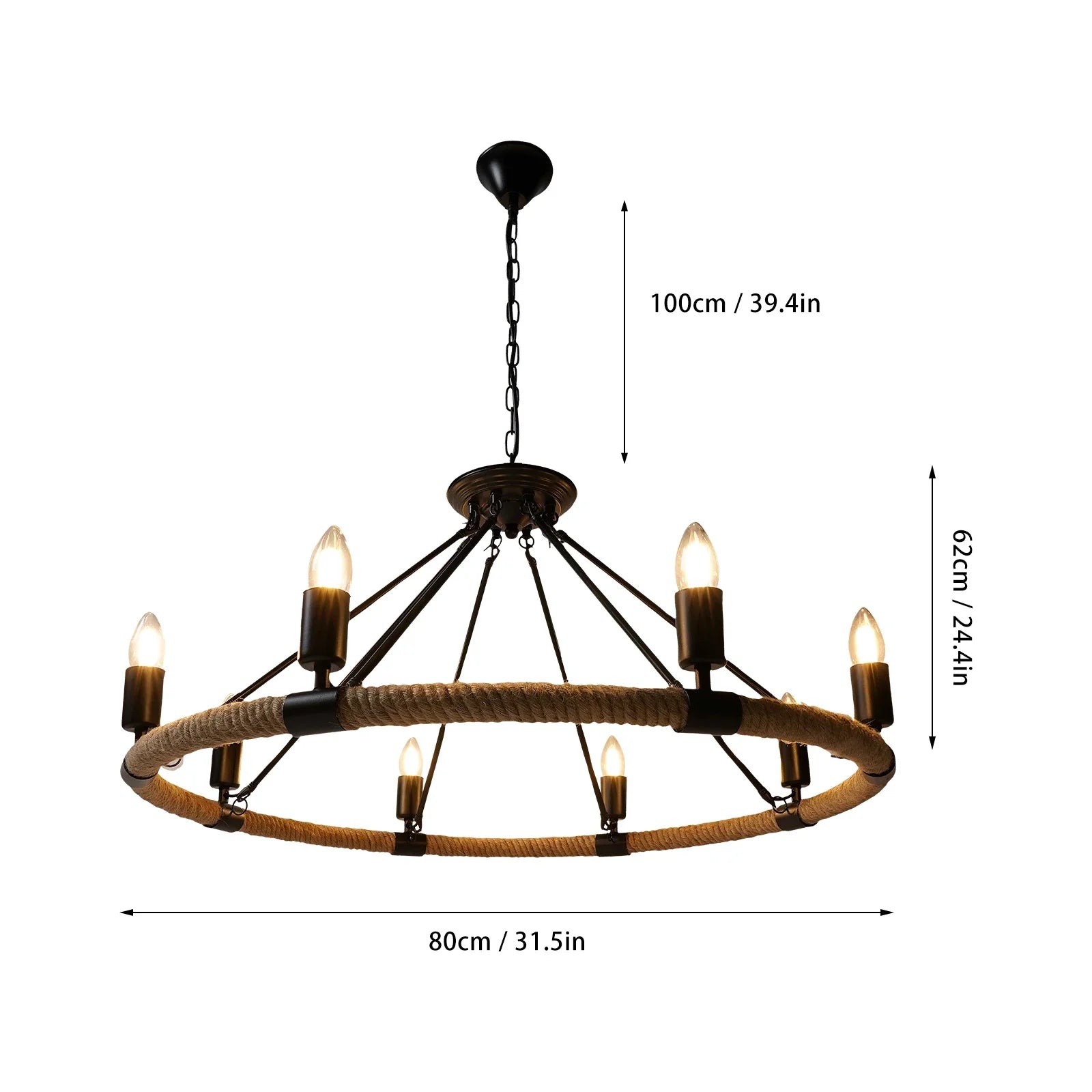 31.5 Inch 8-Light Wagon Wheel Chandelier – Rustic Farmhouse Metal Round Pendant Lighting Fixture