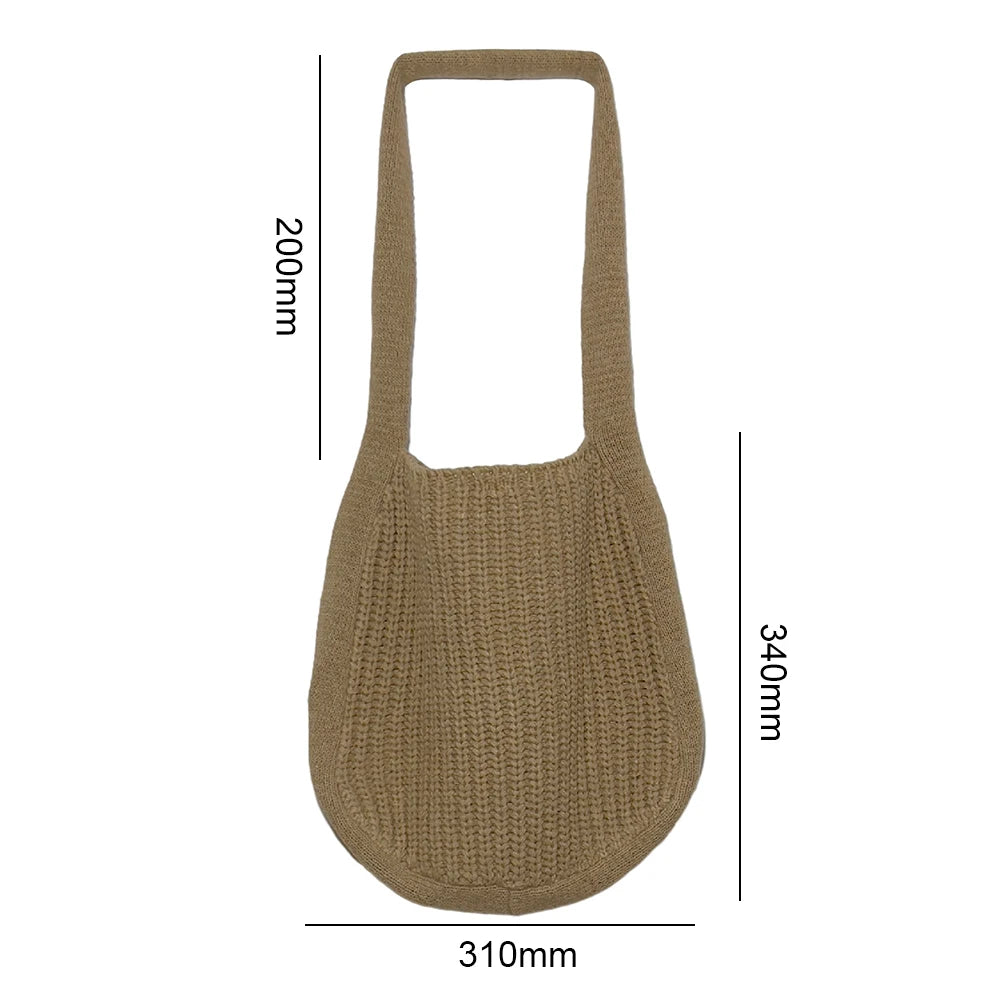 Wool-Knitted Shoulder Shopping Bag for Women – Vintage Cotton Cloth Tote, Large Crochet-Style Shopper Handbag