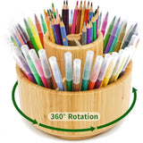 Bamboo 360° Rotating Pen Holder Organizer – Desk Art Supplies Storage for Colored Pencils & Brushes