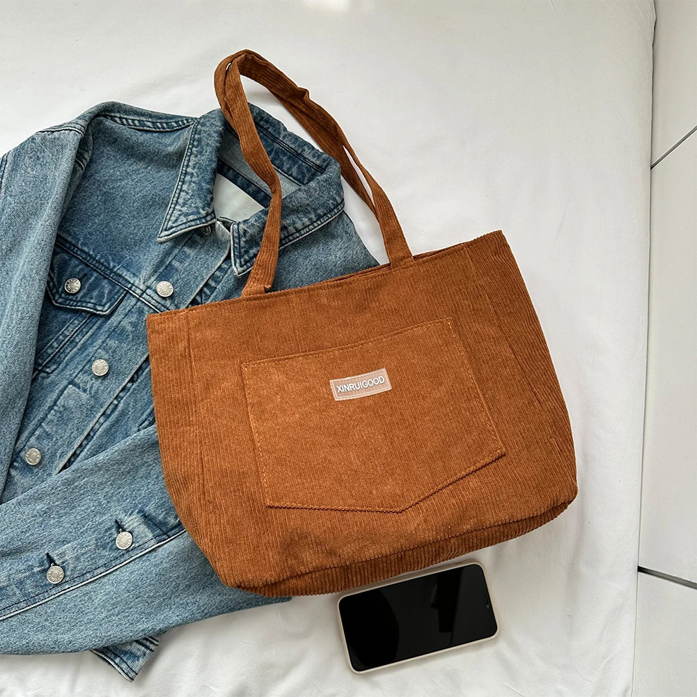 Women’s Corduroy Tote Bag with Pockets – Large-Capacity Shoulder Handbag for School, Work & Shopping