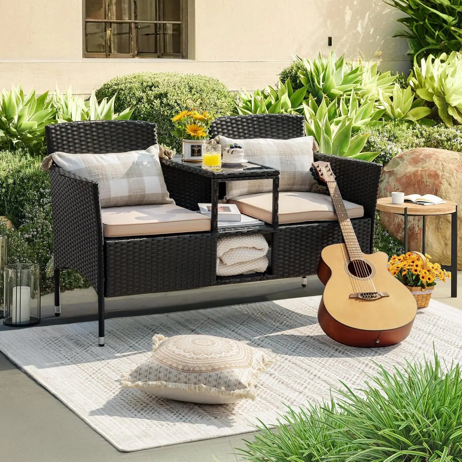 “Outdoor Patio Loveseat – Modern Rattan 2-Seat Conversation Set with Cushions & Built-in Coffee Table for Garden & Porch”