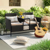 “Outdoor Patio Loveseat – Modern Rattan 2-Seat Conversation Set with Cushions & Built-in Coffee Table for Garden & Porch”