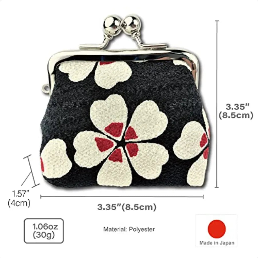Japanese Edo Komon Coin Purse – Traditional Cherry Blossom Design Small Change Pouch (Black)