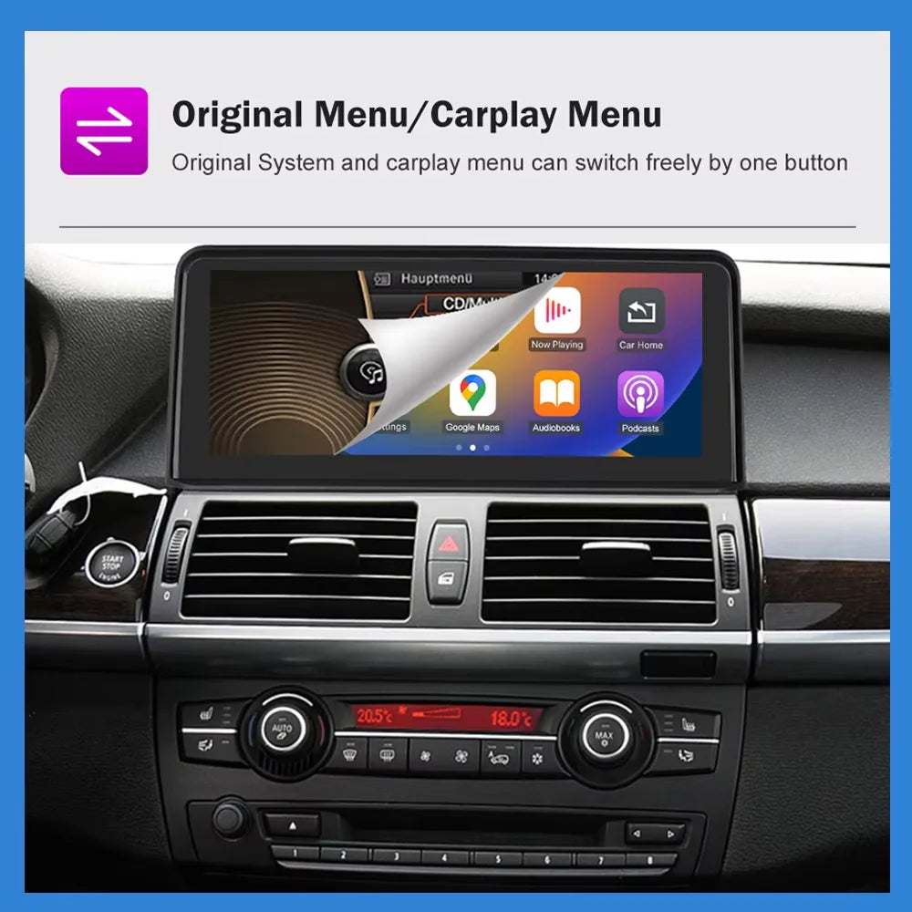 Autotop wireless CarPlay & Android Auto multimedia unit – BMW X5/X6 E70 E71 2007–2013 CCC/CIC system head unit with BT & display
