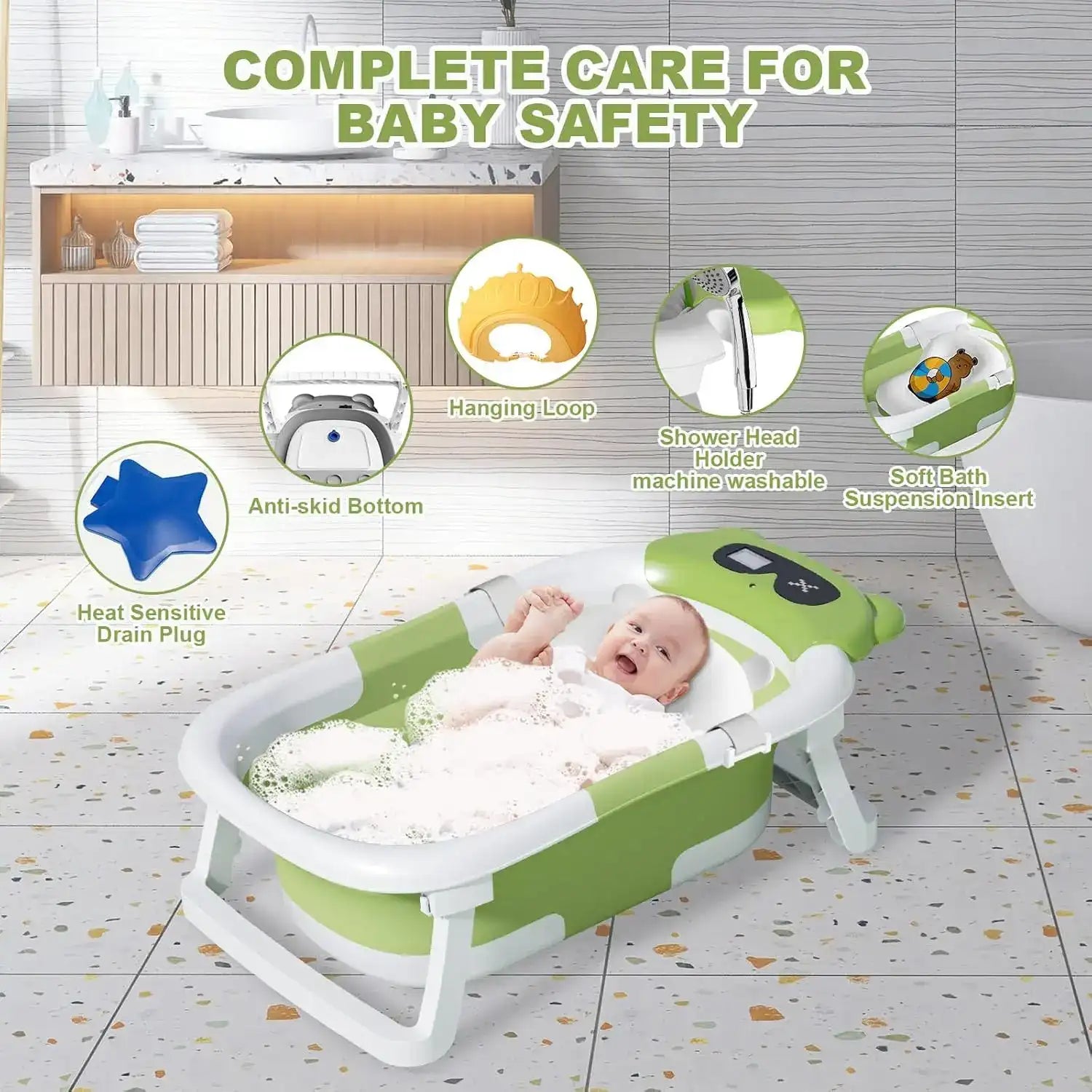 Foldable Baby Bathtub with Thermometer & Floating Cushion – Newborn to Toddler (0-36 Months)