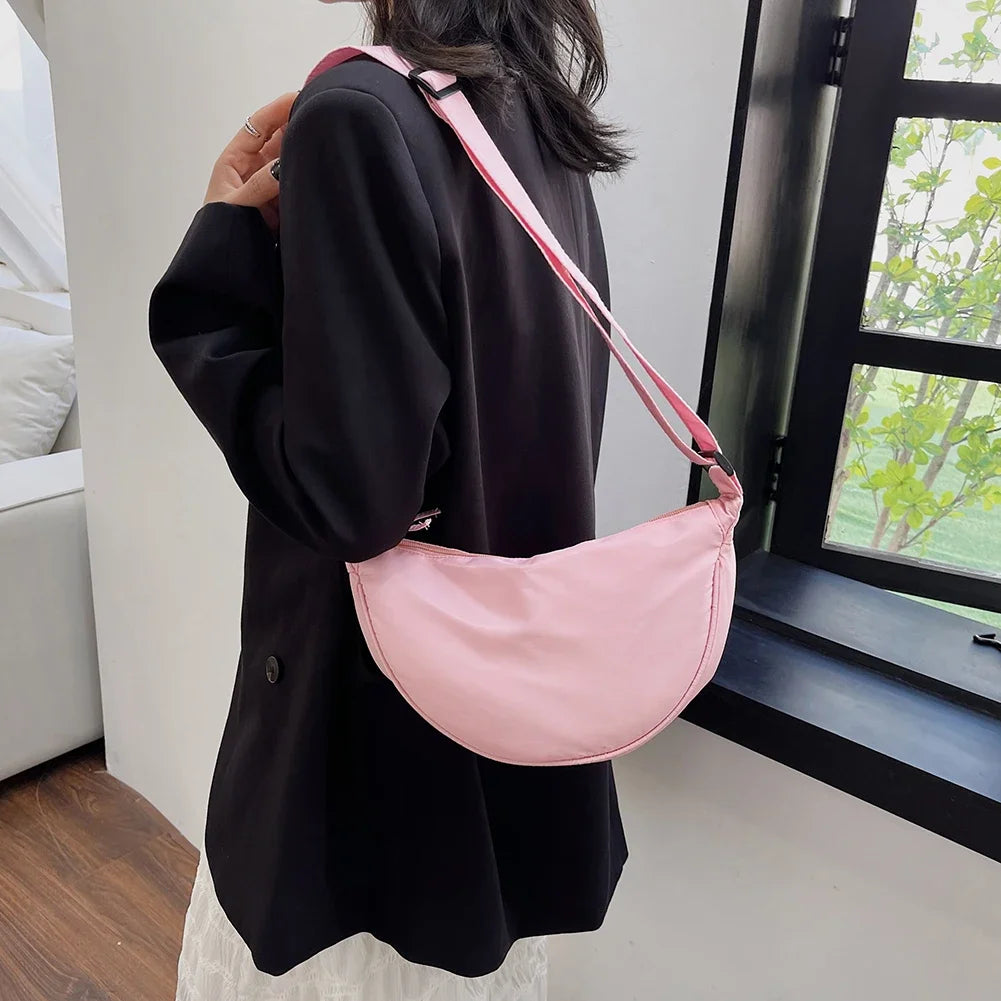 Women’s Crescent-Shape Nylon Shoulder & Crossbody Bag – Simple Elegant Daily Handbag