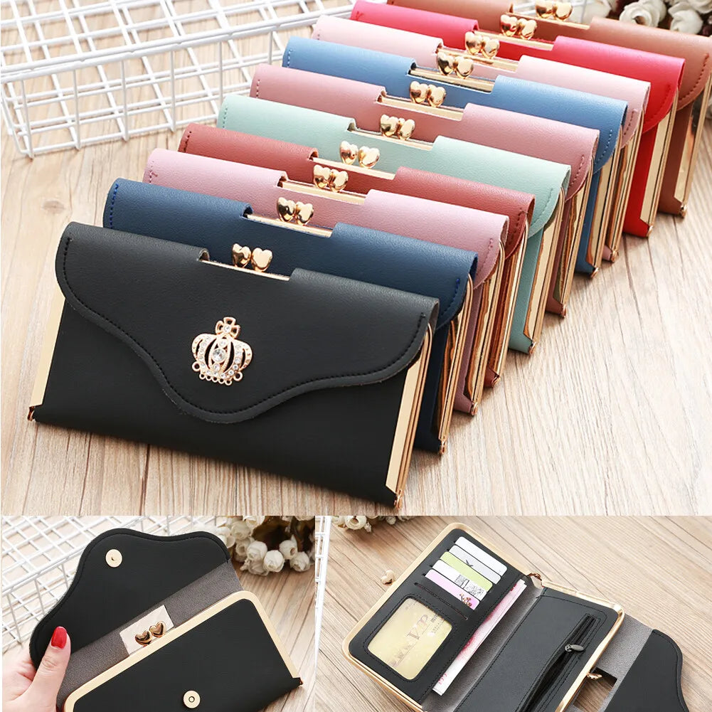 Women’s Crown Style Long Wallet – Elegant PU Leather Hasp & Zipper Clutch with Coin Pocket, Card Holder & Portable Design