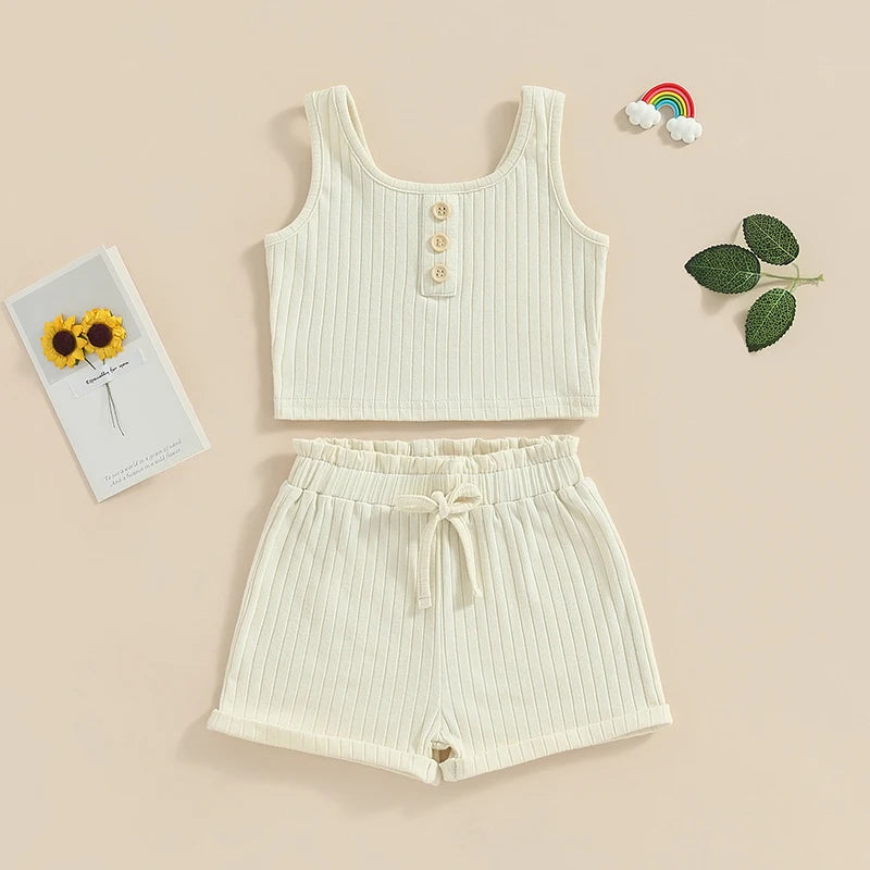 Lioraitiin Girls’ 2-Piece Summer Outfit – Sleeveless Knit Vest Top & Solid Drawstring Shorts Set for Kids 0–8 Years