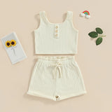 Lioraitiin Girls’ 2-Piece Summer Outfit – Sleeveless Knit Vest Top & Solid Drawstring Shorts Set for Kids 0–8 Years