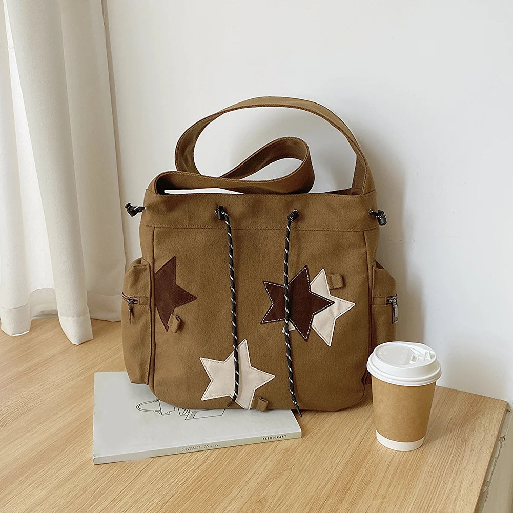 Women’s Cute Crossbody Bag 🎒 – Large Capacity Canvas Shoulder Bag with Star Applique, Y2K Street Style for Teens & Students ✨