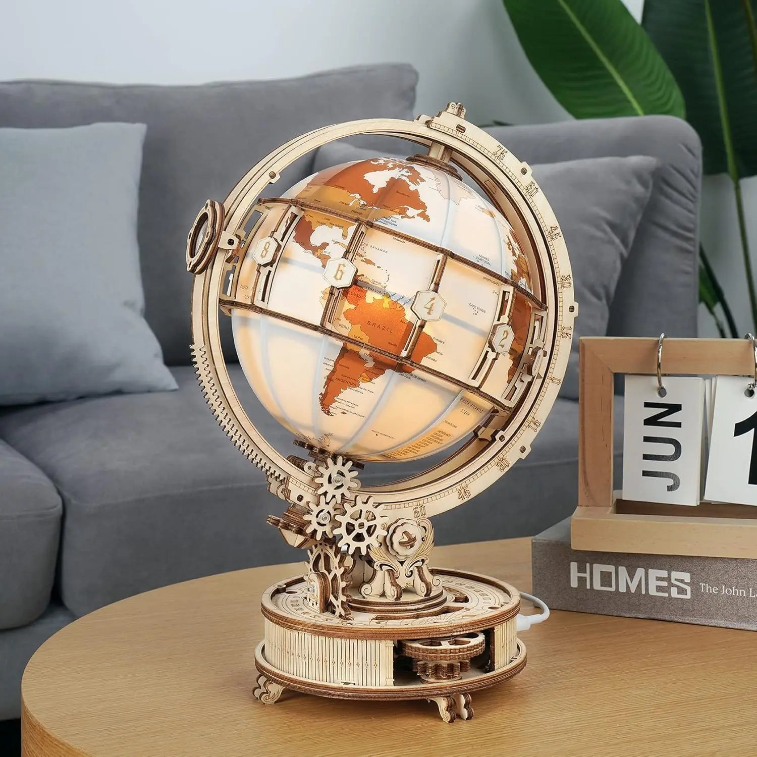 “Robotime ROKR Luminous World – 3D Wooden Puzzle Model Kit with LED Light & Rotating Base, DIY Construction Gift”