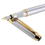 Luxury Golden & Silver Stainless Steel Fountain Pen – High-Quality Nib, Elegant Writing Pen for School, Office & Gift