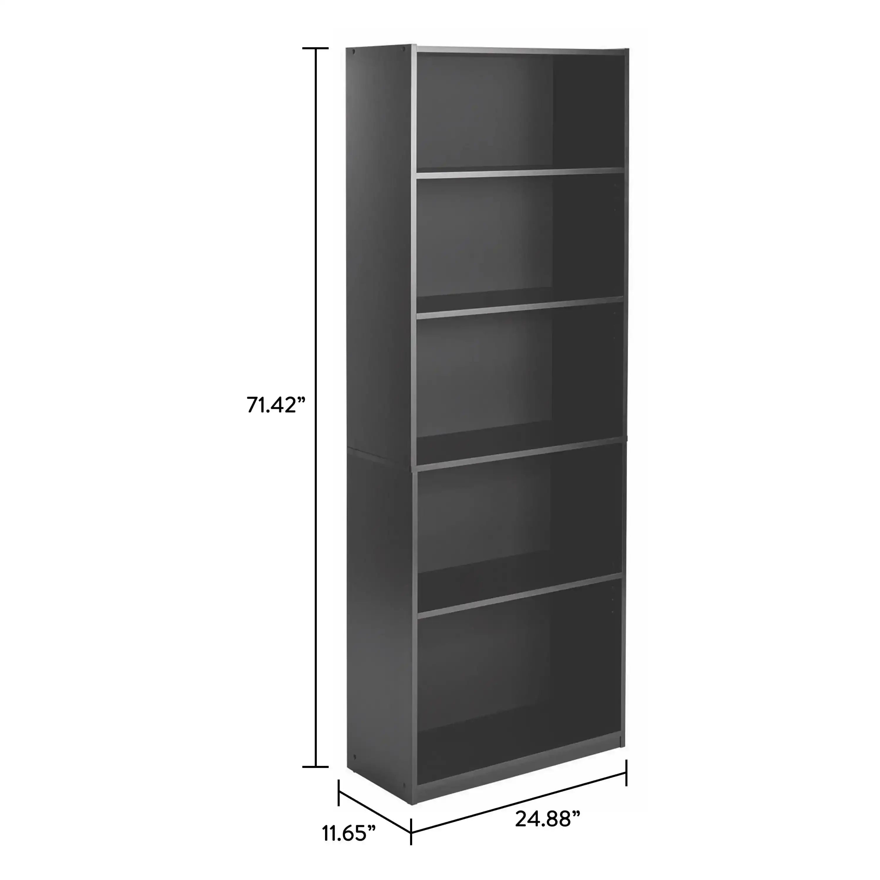 5-Shelf Bookcase with Adjustable Shelves, True Black Oak - PulinGO