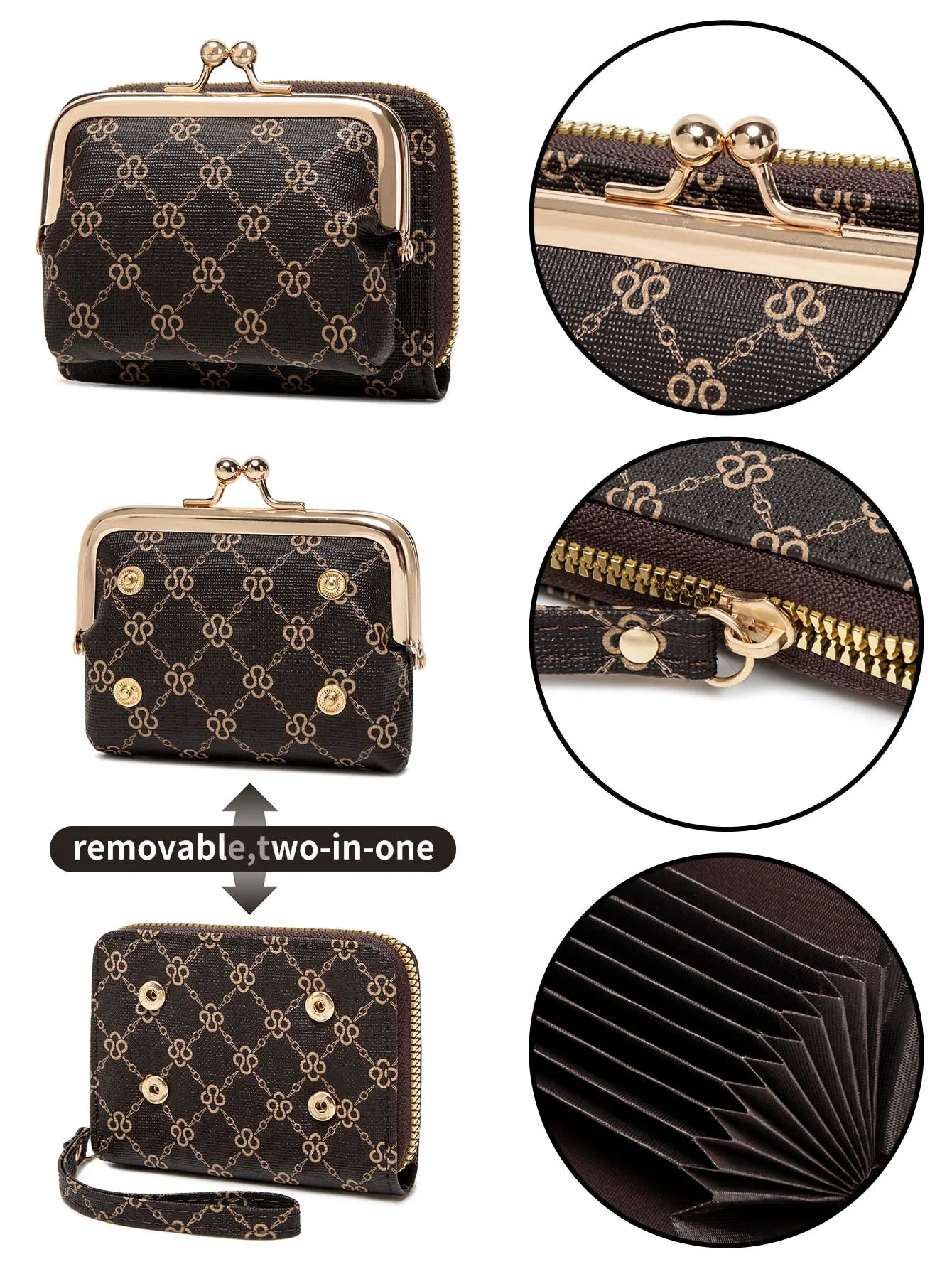 Women’s Retro Accordion Wallet – Fashion Print Short Coin Purse with Money Clip & Wristband