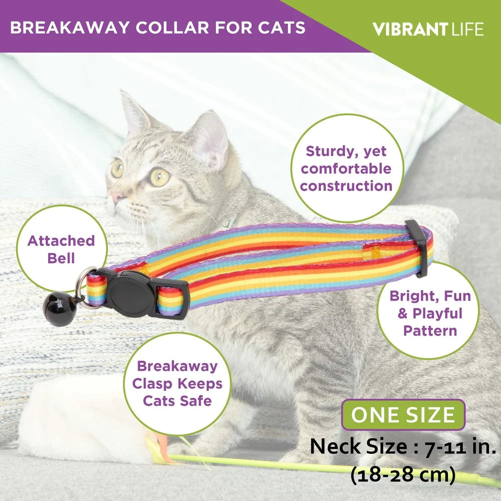 2-Pack Adjustable Breakaway Cat Collars with Bell – Rainbow Stripe & Solid Purple Nylon Collars with ID Tag Ring for Cats & Kittens