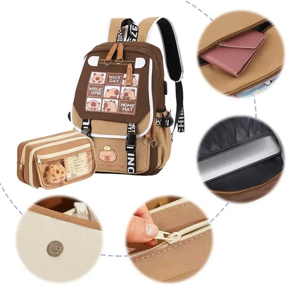 Capybara Flap Backpack with Pencil Case – Cute Nylon Animal Daypack for Teens