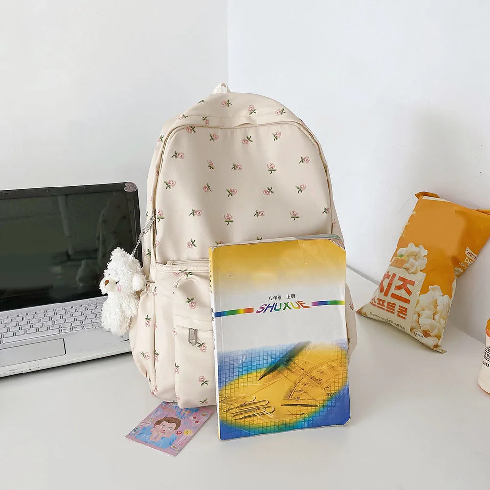 Floral Print Backpack with Decorative Pendant – Large Capacity Girls College & School Travel Bookbag