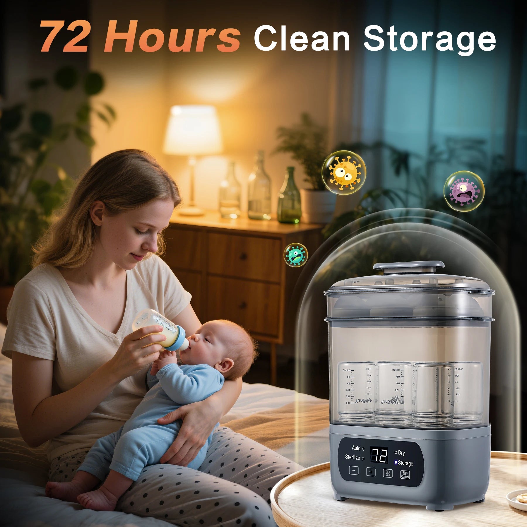 4-in-1 Baby Bottle Sterilizer & Dryer – 6 Bottle Capacity, 30 Min Dry, 72H Storage, 99.99% Germ-Free