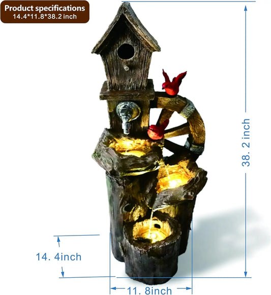 Decorative Garden Birdhouse Three-Tier Water Fountain – Outdoor LED Lighted Fountain with Water Wheel | Elegant Yard & Patio Décor