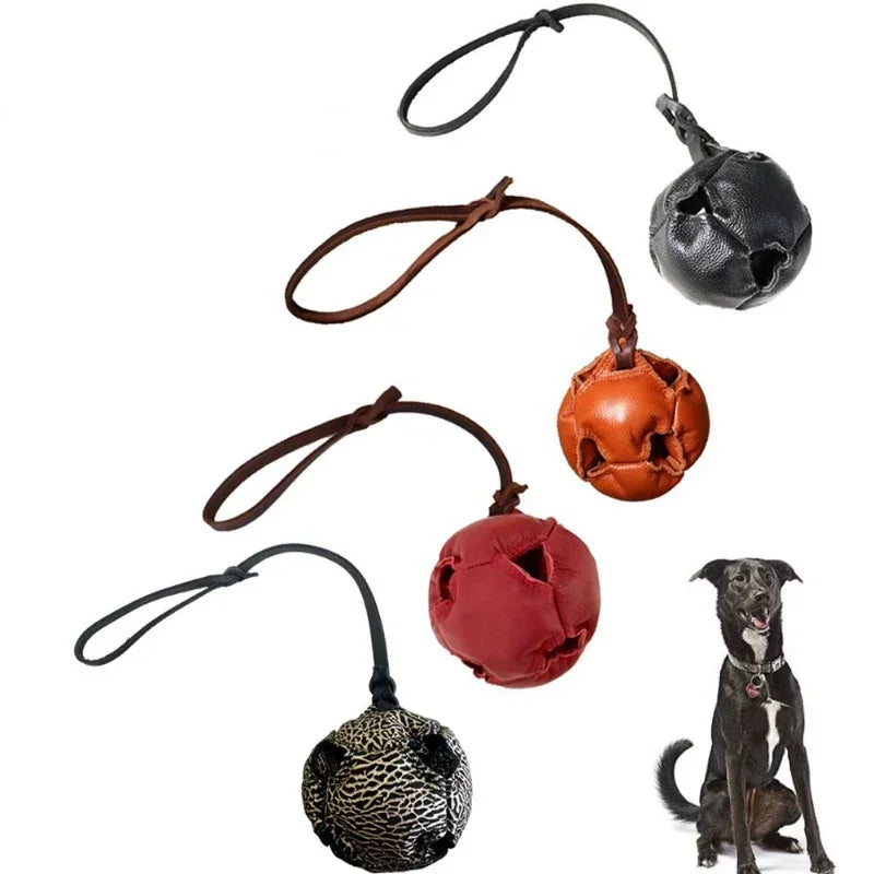 Leather Dog Training Ball – Tug, Bite & Fetch Toy with Handle for Puppies & Dogs