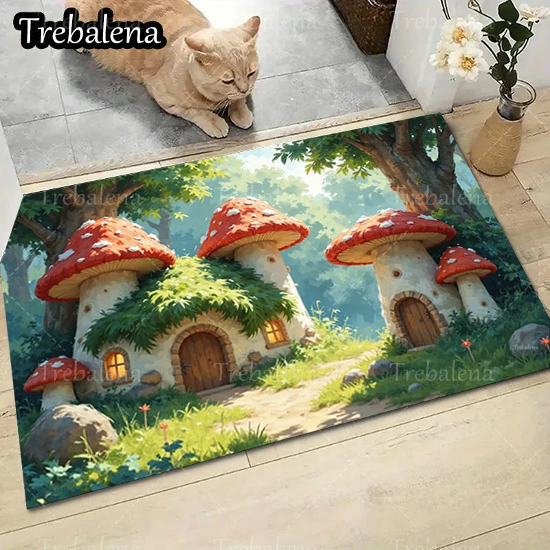 Welcome Door Mat – Mushroom House Charm Print Doormat for Indoor & Outdoor Entryway