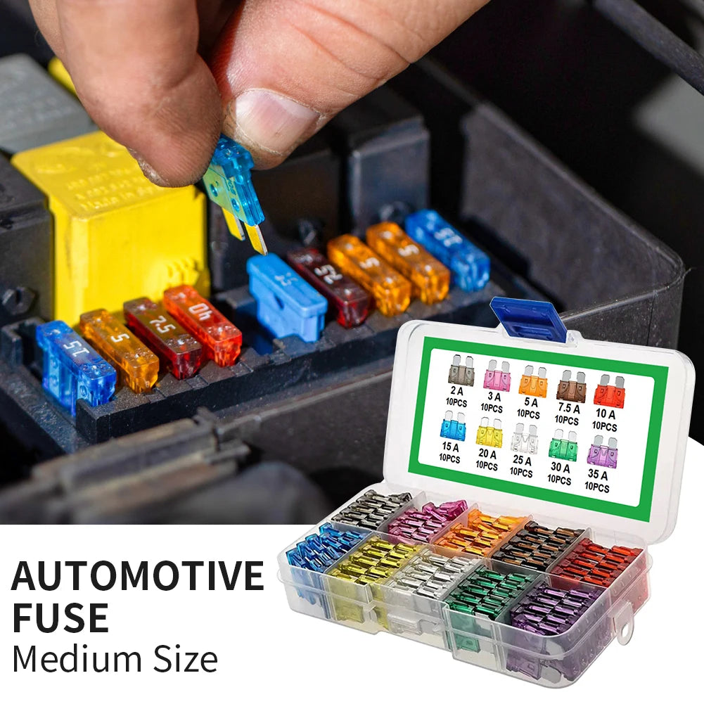 10-Type Auto Blade Fuse Kit – 100pcs (2A 3A 5A 7.5A 10A 15A 20A 25A 30A 35A) with Box Organizer