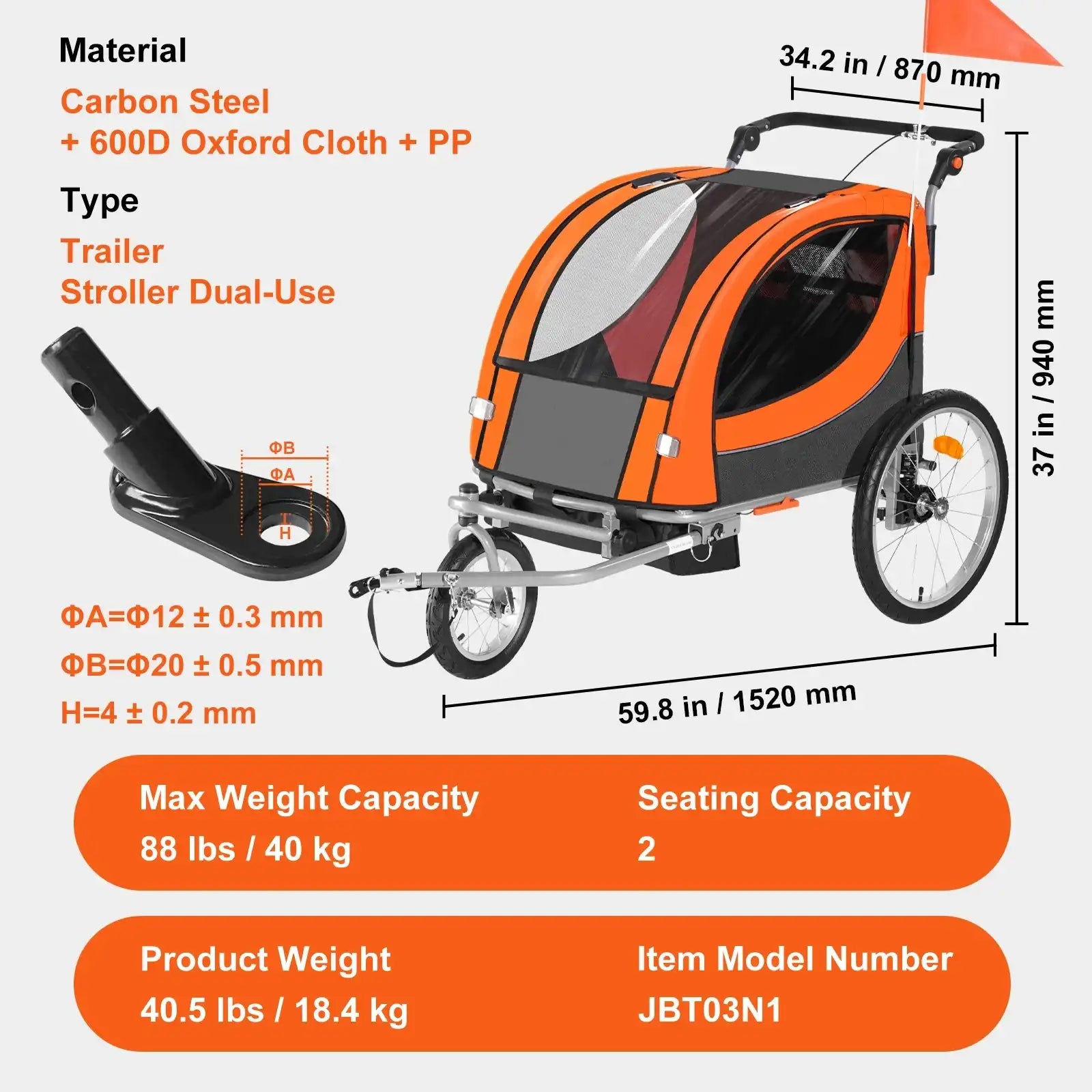 VEVOR Dual-Seat Bike Trailer & Stroller for Kids – Up to 100 lbs Load