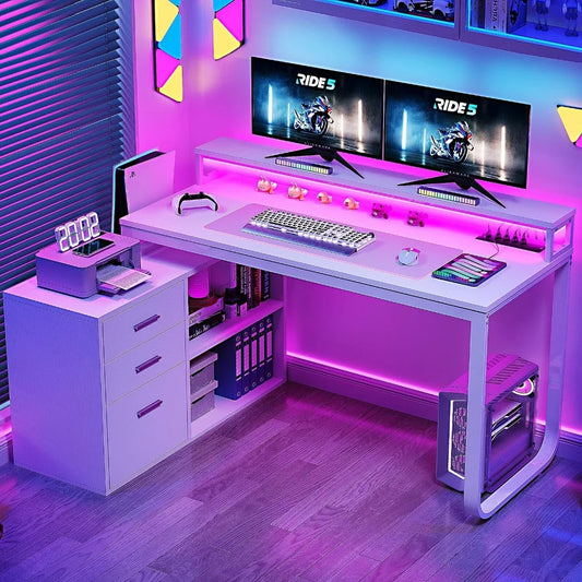 L-Shaped Gaming Computer Desk – Home Office Corner Desk with File Drawers for Storage & Organization