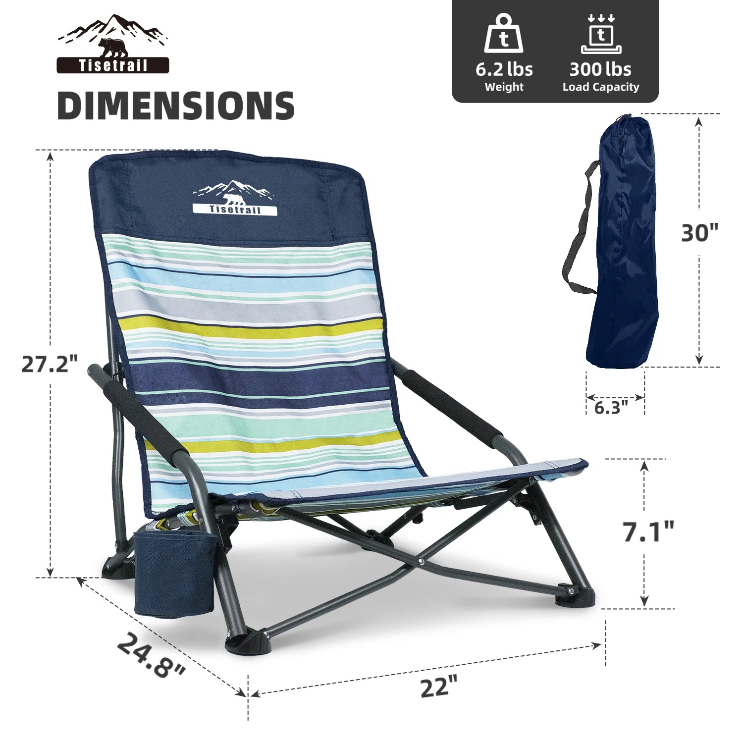 Tisetrail Portable Beach Chair – Low-Back Sling Folding Chair with Cup Holder for Adults (Lightweight, Indoor/Outdoor, Camping/Travel)