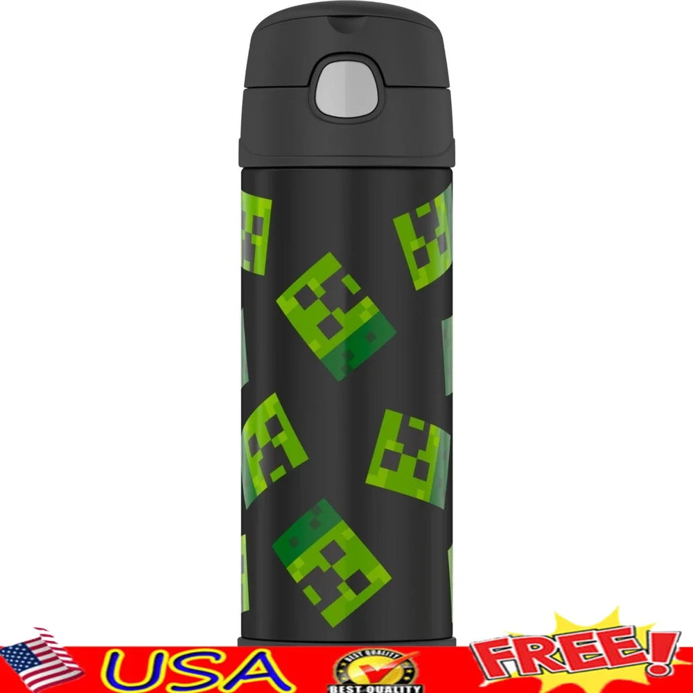 Minecraft 16 oz Stainless Steel Insulated Water Bottle – Kids Spout Lid with Carry Handle & Durable Build