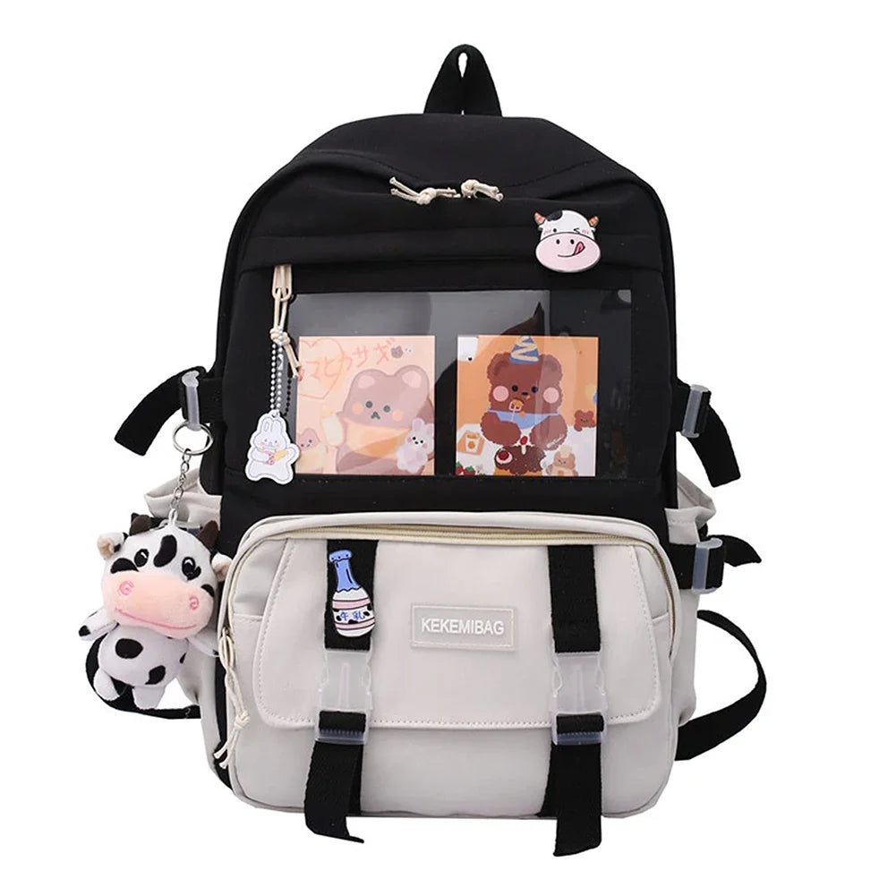 Preppy Style Contrast Color Canvas Backpack for Women – Student Knapsack with Decorative Pendant