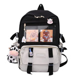 Preppy Style Contrast Color Canvas Backpack for Women – Student Knapsack with Decorative Pendant