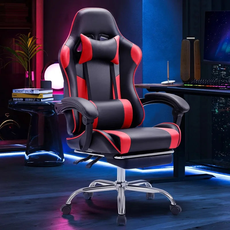Ergonomic Gaming Chair with Headrest & Lumbar Pillow – Height Adjustable, 360° Swivel, Reclining Seat with Red Accents