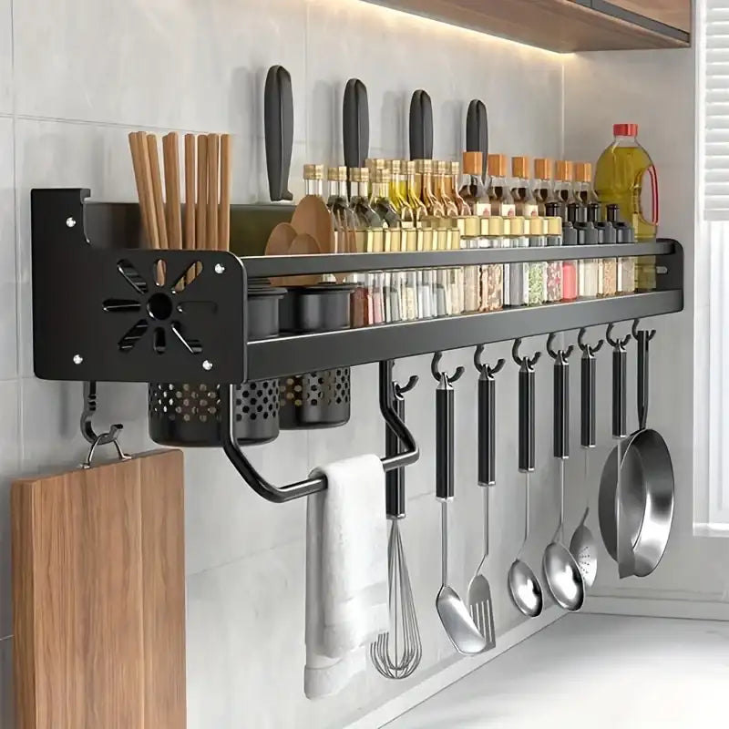 Spoce Rack Kitchen Wall-Mounted Spice Storage Rack with Hooks – Space-Saving ...