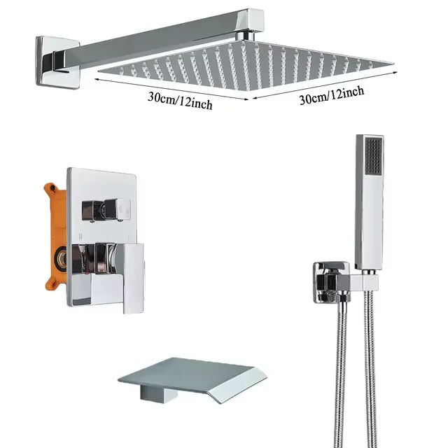 Chrome 16-Inch Rainfall Concealed Shower System Set – Wall-Mounted Mixer Tap